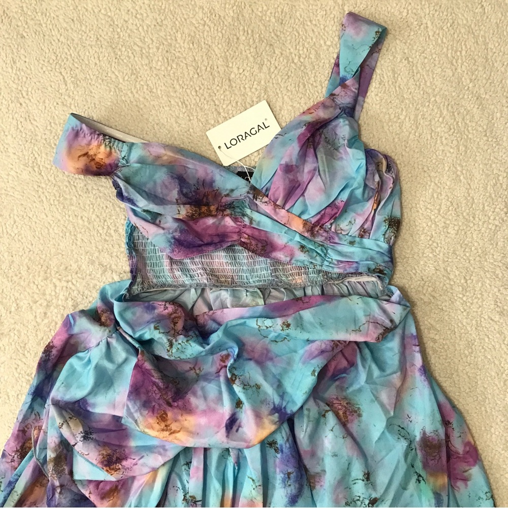 Deep V Neck Cutout Maxi Dress Asymmetrical High Slit Blue Multicolor Size M - Picture 3 of 14